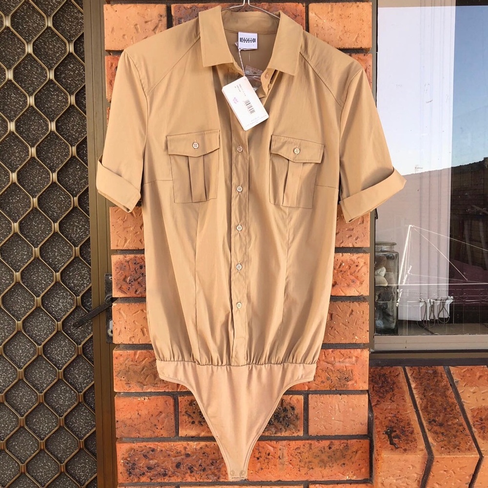 Wolford Beige Button Up Short Sleeve Safari Thong Bodysuit AU 10 NEW W TAGS - Picture 1 of 11